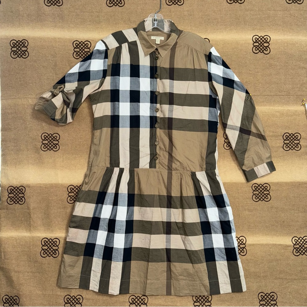 Burberry Brit Brown Novacheck Cotton Drop Waist Dress Size 12 - Picture 1 of 16
